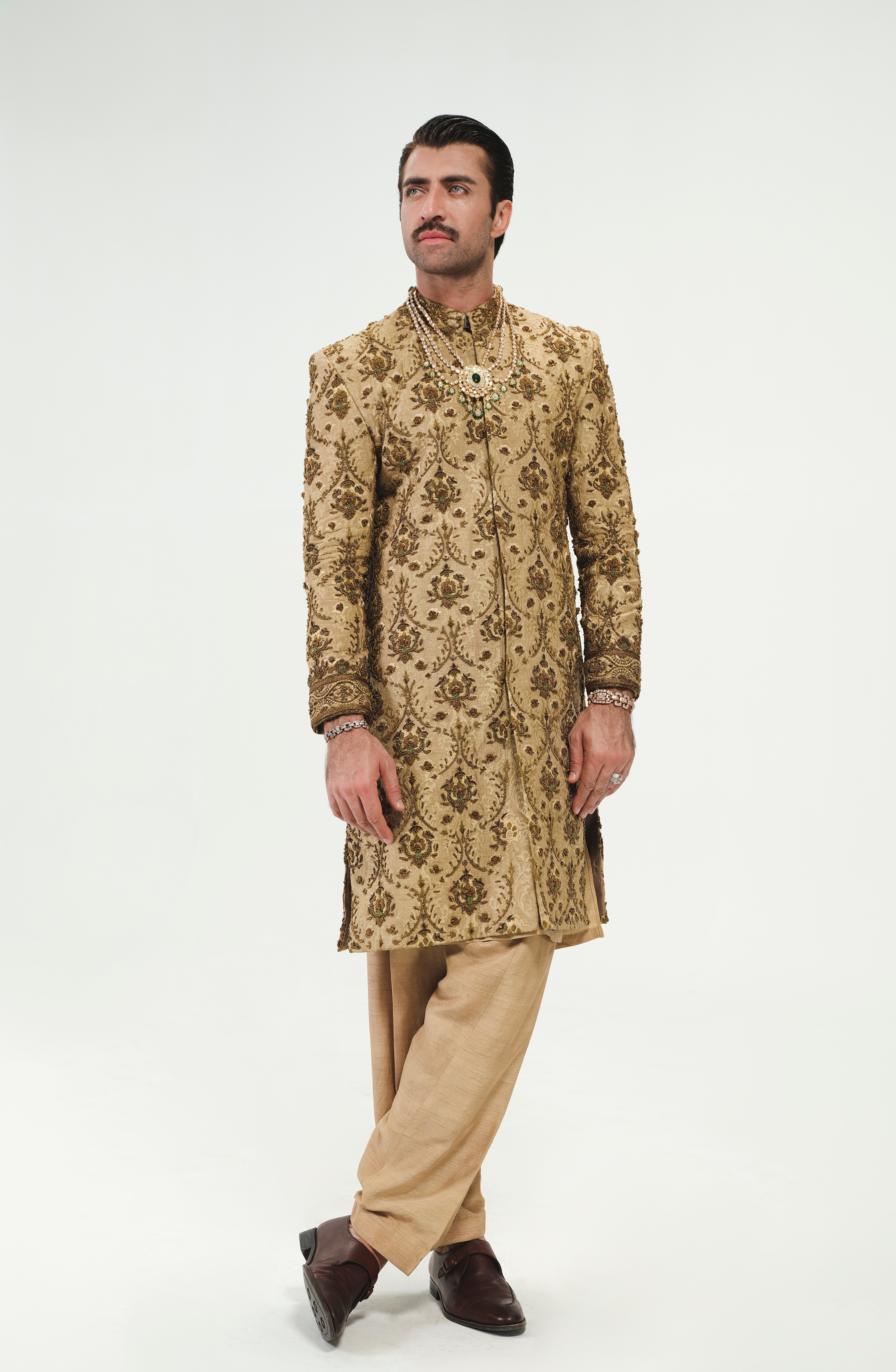 Beige Resham & Antique Gold Jamawar Groom Sherwani (3-Piece) - Image 5