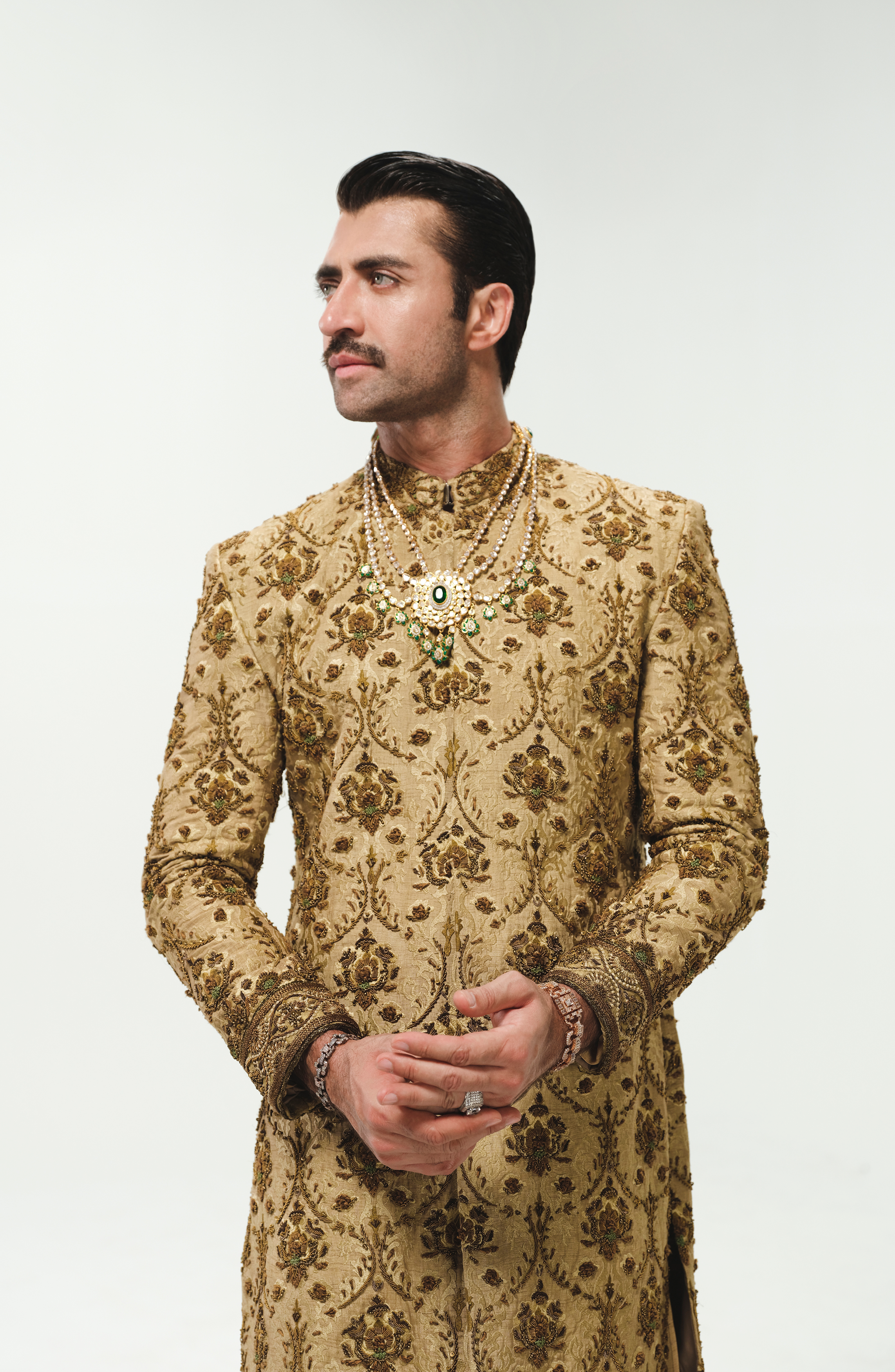Beige Resham & Antique Gold Jamawar Groom Sherwani (3-Piece) - Image 6