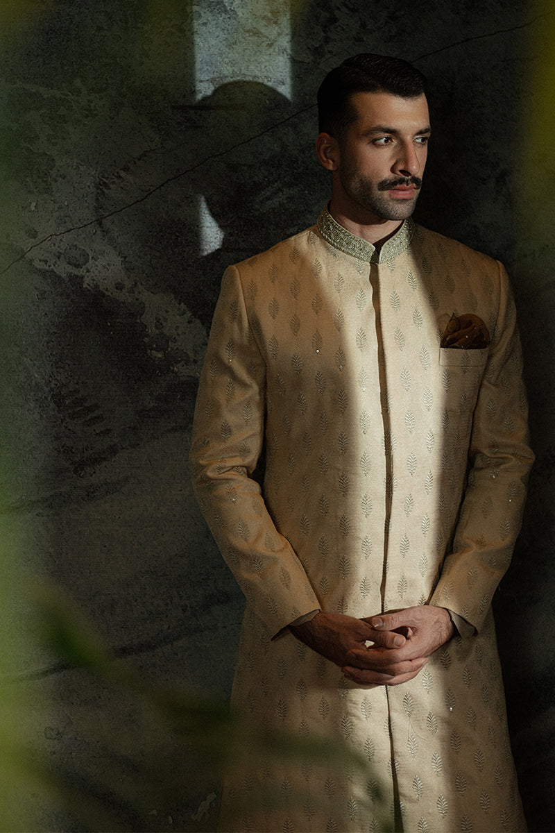 Light Beige Sequined Jamawar Groom Sherwani (2-Piece) - Image 3