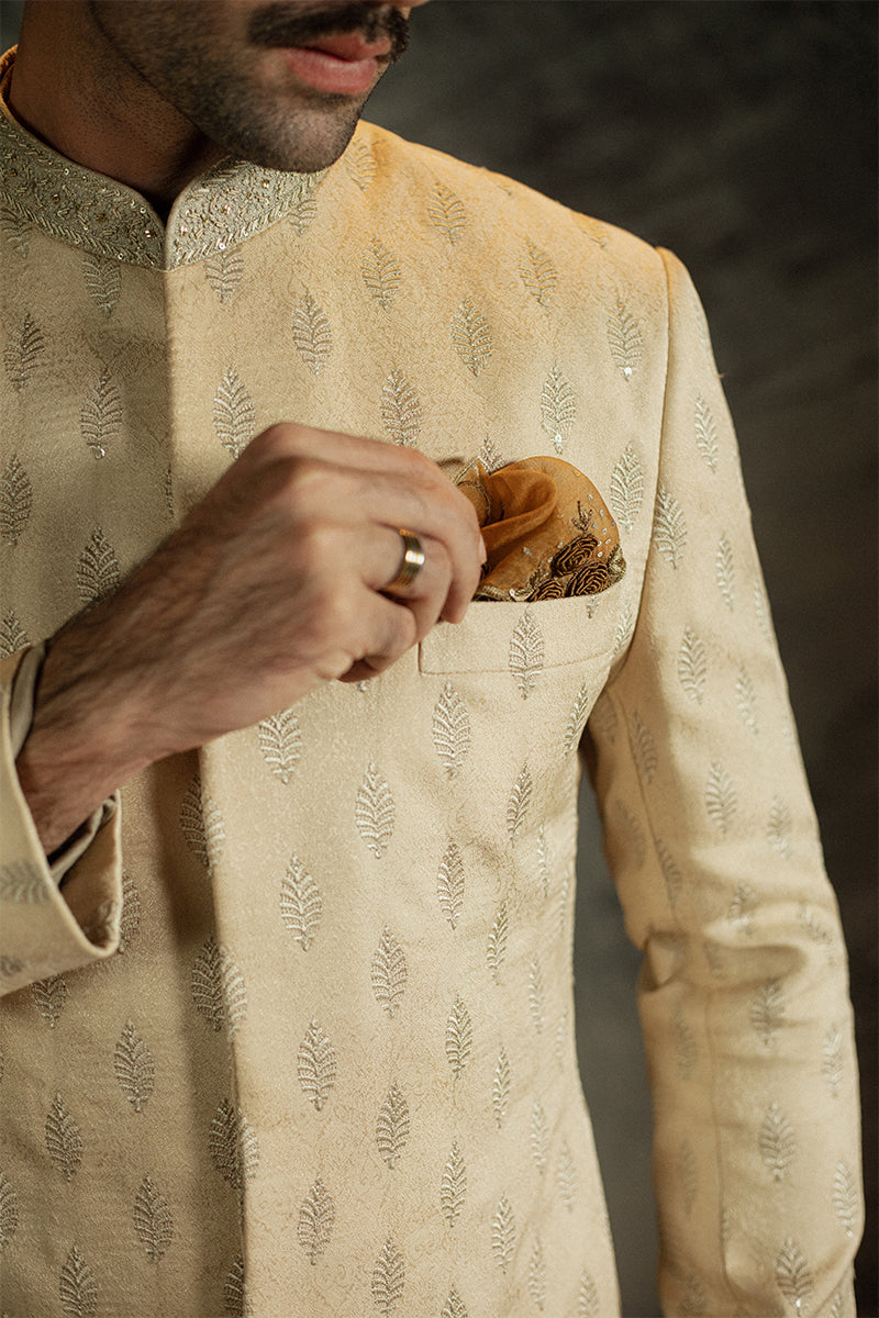 Light Beige Sequined Jamawar Groom Sherwani (2-Piece) - Image 6
