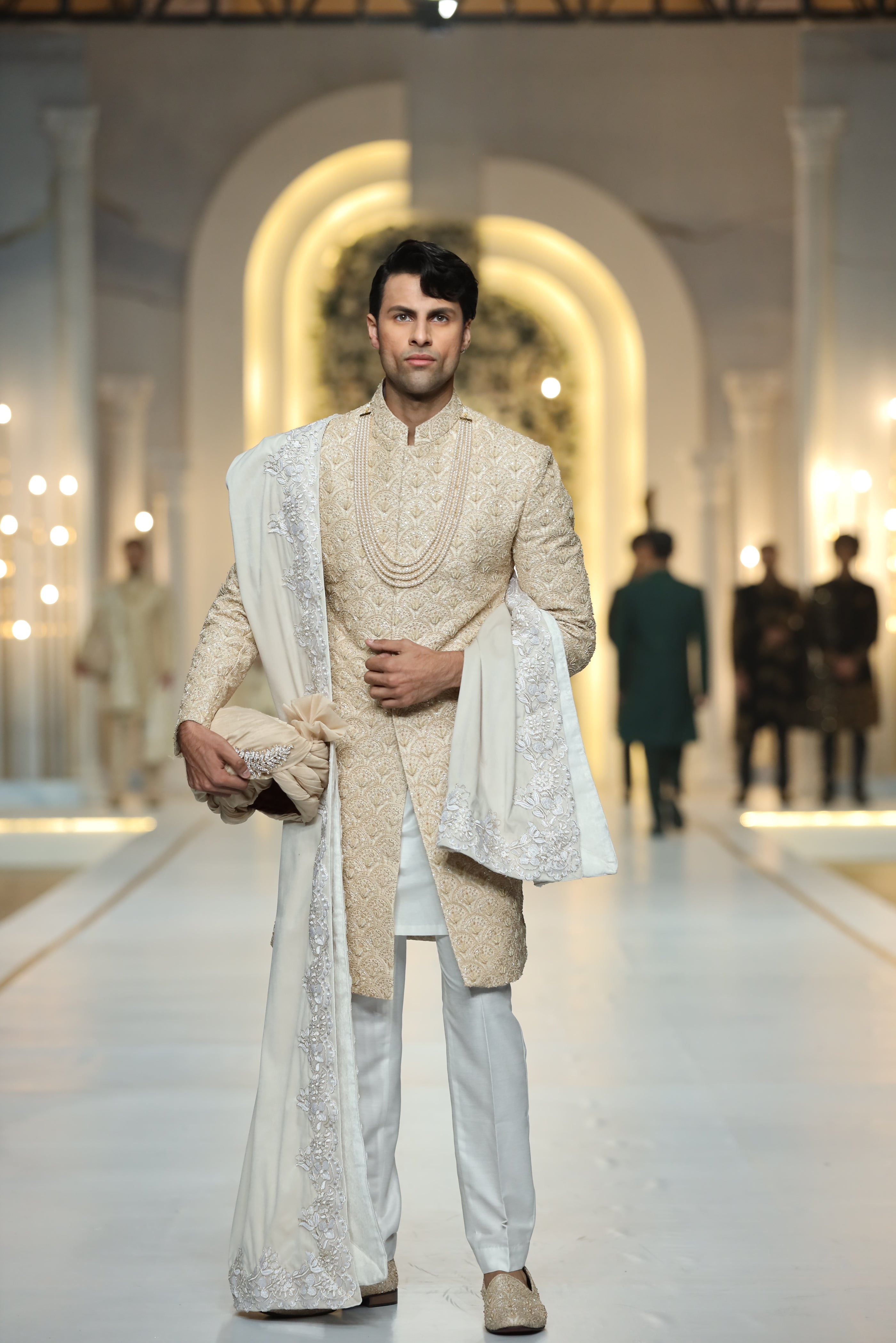 Beige Embroidered Jamawar Silk Sherwani (3-Piece) - Image 2