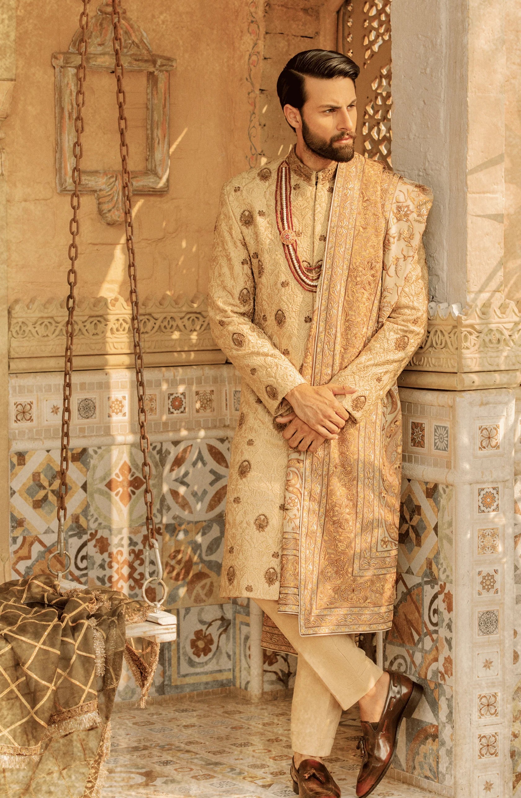 Beige Resham & Antique Gold Jamawar Sherwani (3-Piece) - Image 1