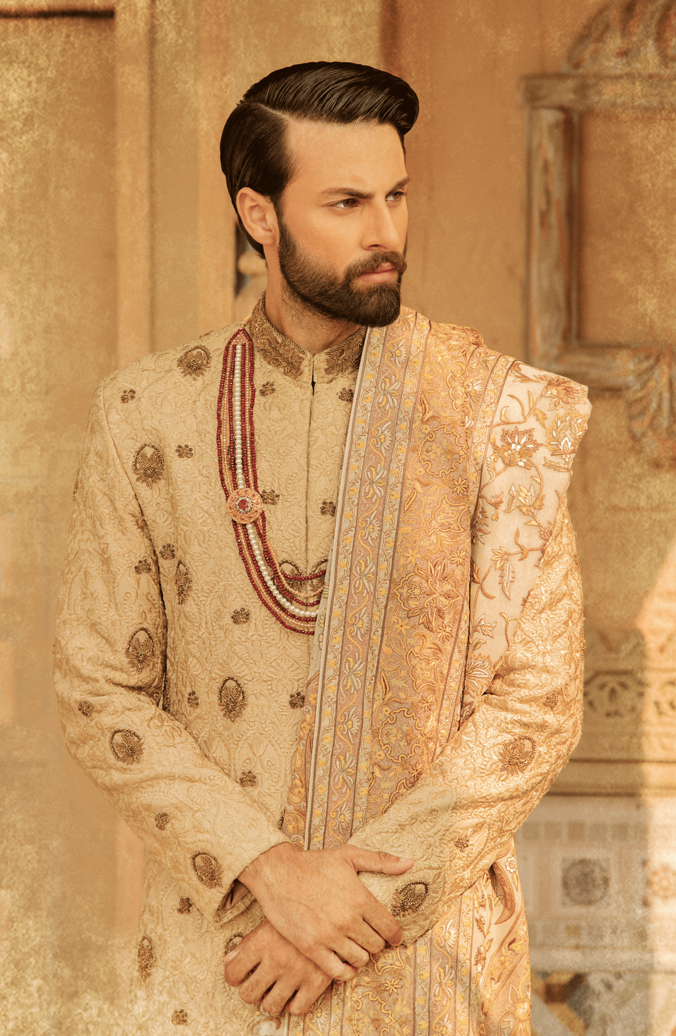 Beige Resham & Antique Gold Jamawar Sherwani (3-Piece) - Image 2