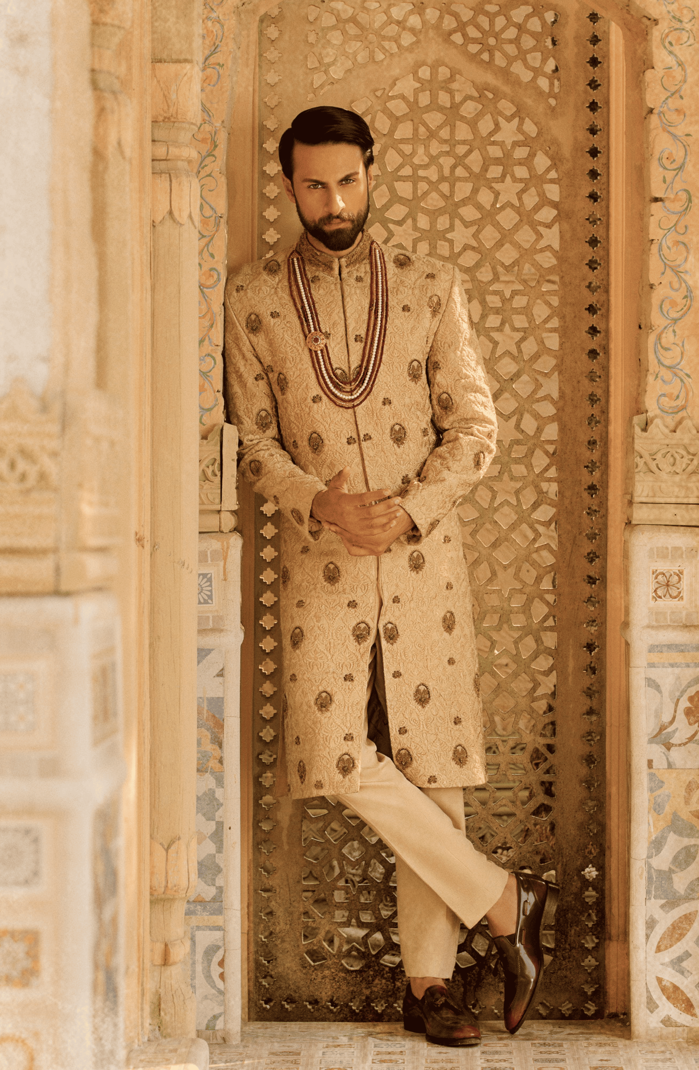 Beige Resham & Antique Gold Jamawar Sherwani (3-Piece) - Image 3