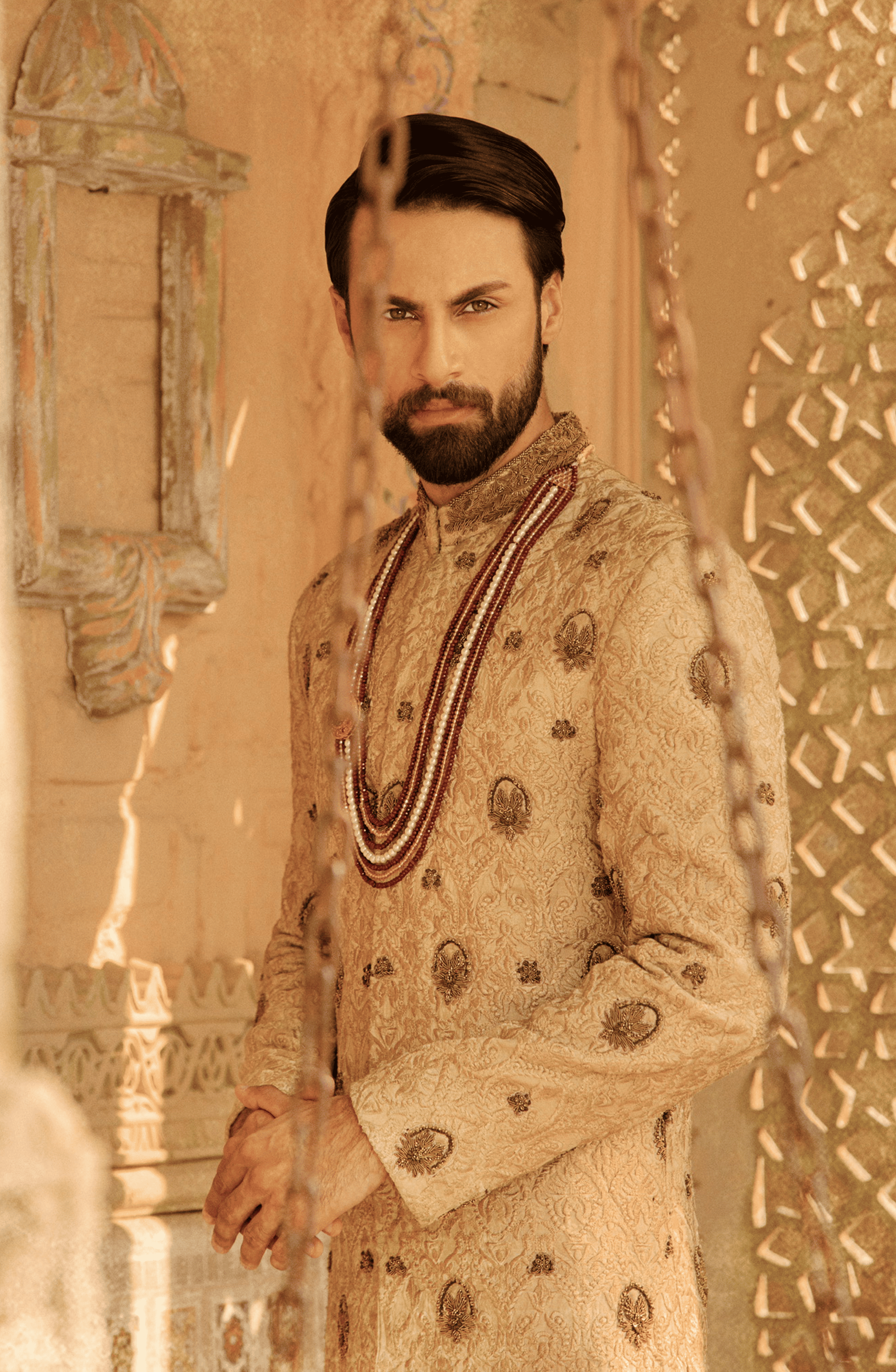 Beige Resham & Antique Gold Jamawar Sherwani (3-Piece) - Image 4