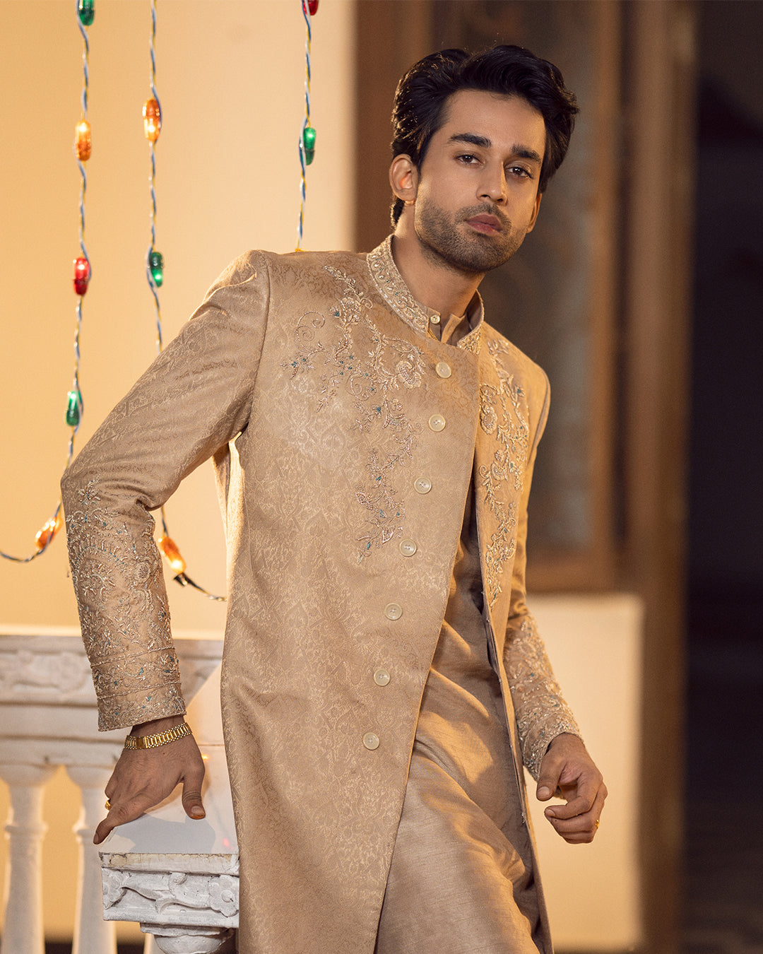 Beige Embroidered Self Jamawar Sherwani (3-Piece) - Image 2