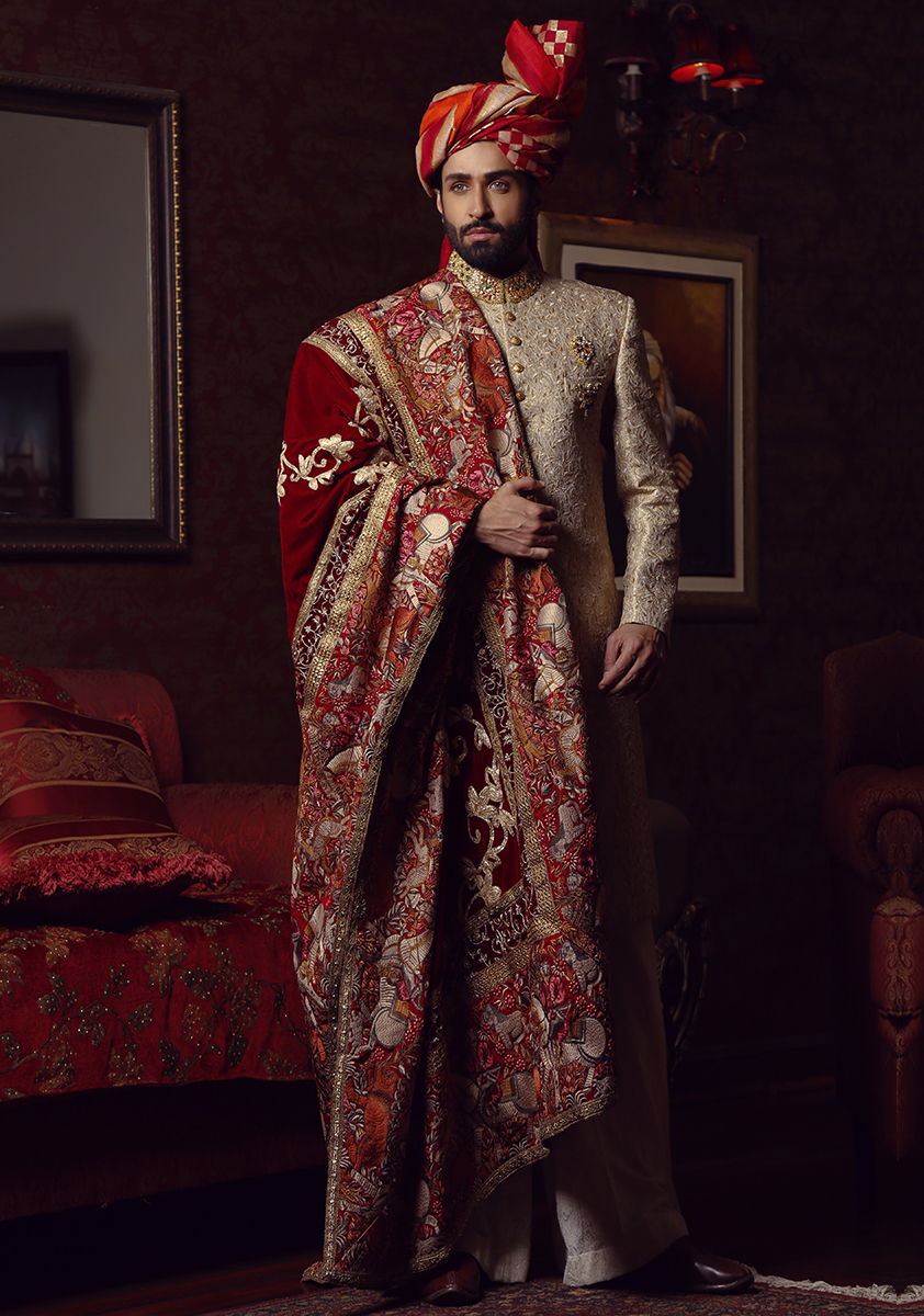 Beige Hand Embroidered Jamawar Groom Sherwani (3-Piece) - Image 1