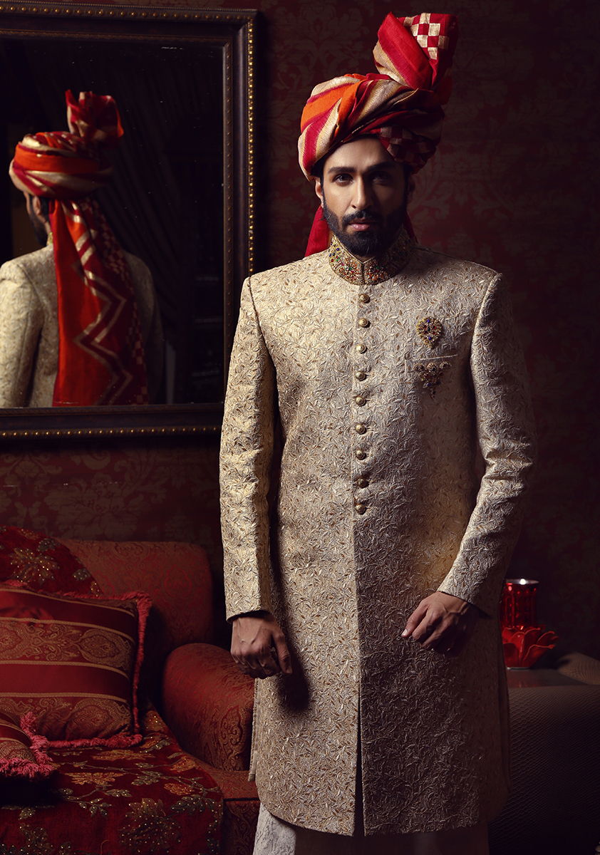 Beige Hand Embroidered Jamawar Groom Sherwani (3-Piece) - Image 2