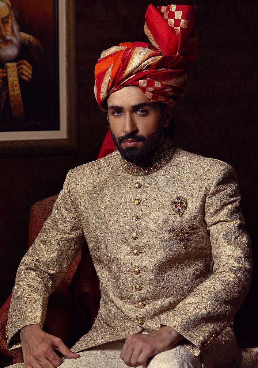 Beige Hand Embroidered Jamawar Groom Sherwani (3-Piece) - Image 3