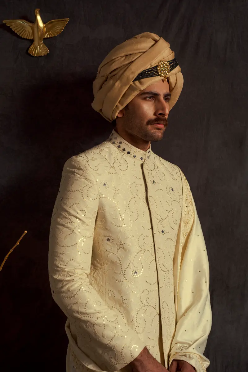 Beige Embroidered Masoori Sherwani (3-Piece) - Image 2