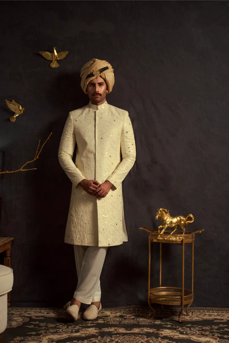 Beige Embroidered Masoori Sherwani (3-Piece) - Image 3