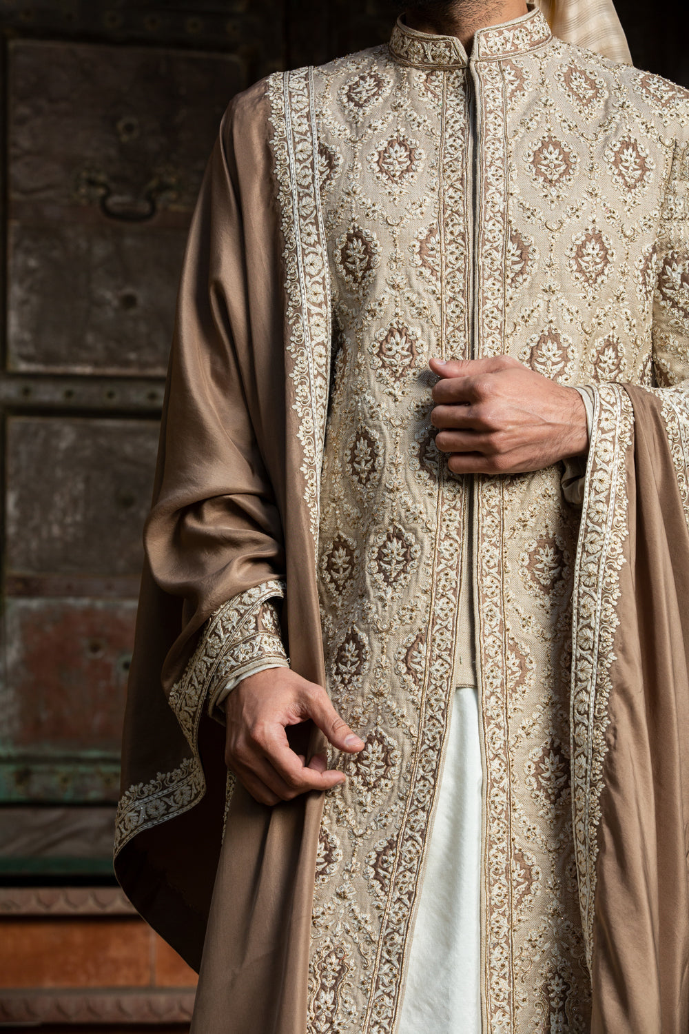 Beige Brown Embroidered Matka Silk Sherwani (4-Piece) - Image 3
