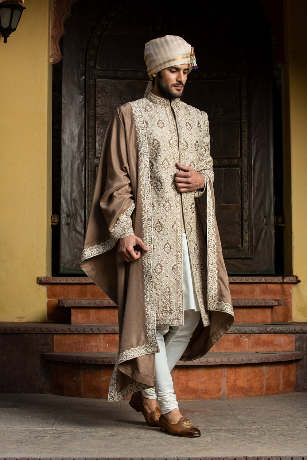 Beige Brown Embroidered Matka Silk Sherwani (4-Piece) - Image 4