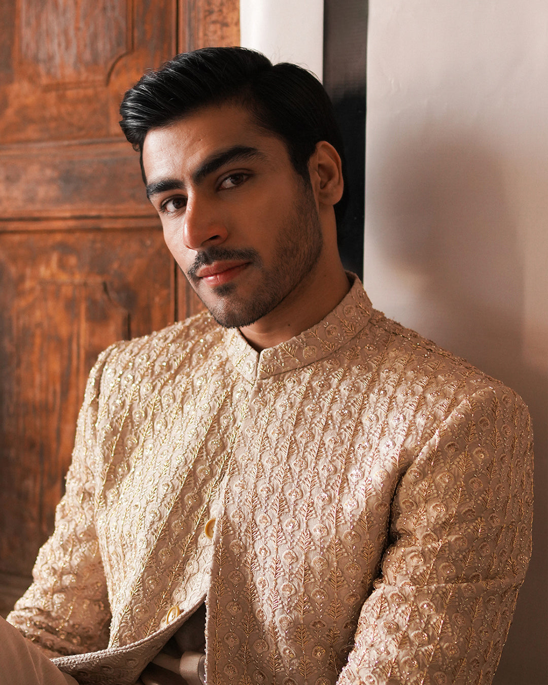 Fawn Embellished Korean Raw Silk Sherwani (3-Piece) - Image 5