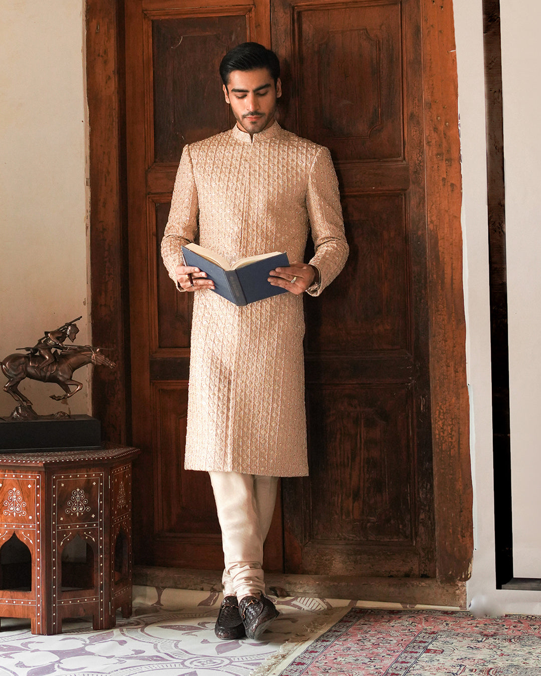 Fawn Embellished Korean Raw Silk Sherwani (3-Piece) - Image 6