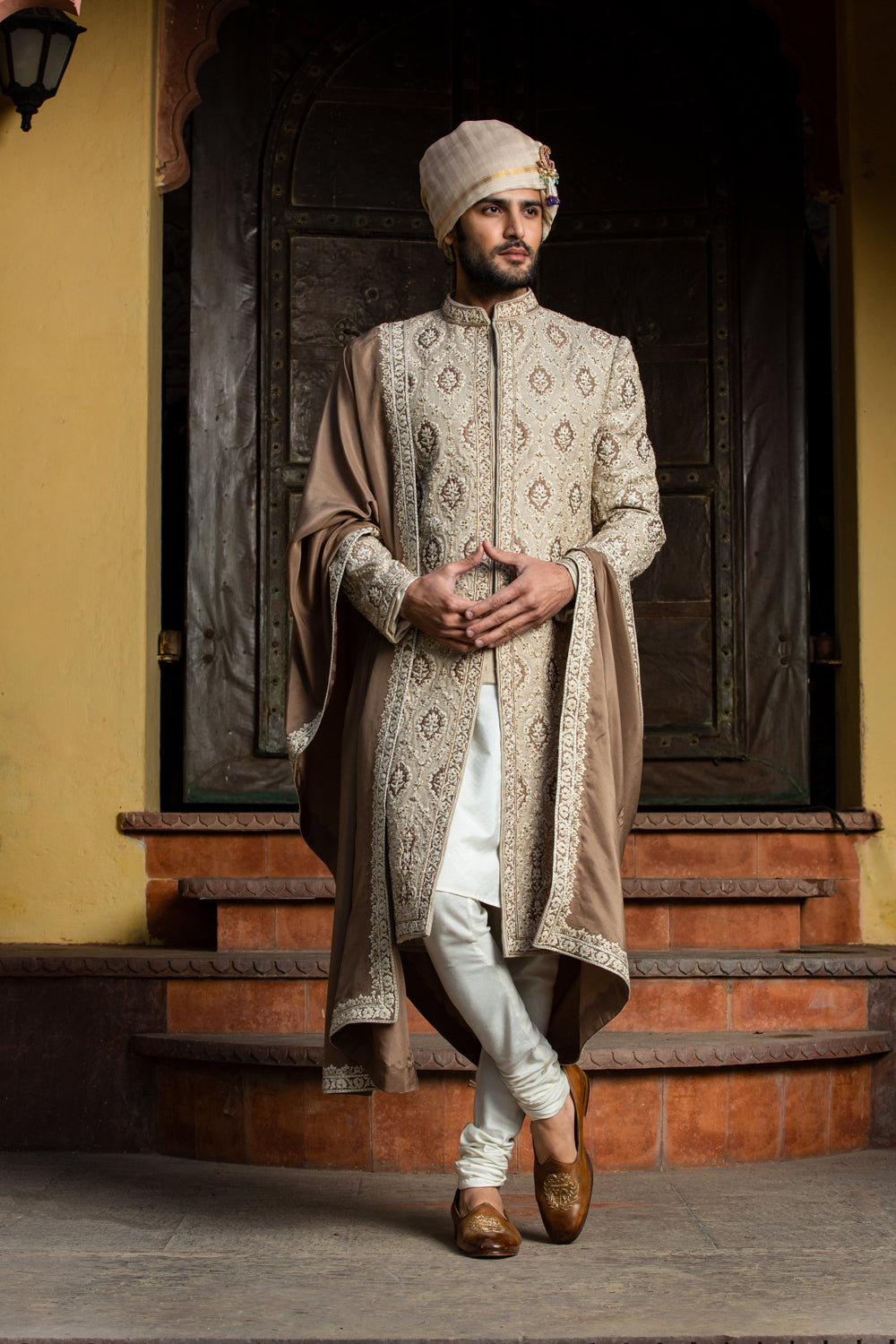 Beige Brown Embroidered Raw Silk Sherwani (3-Piece) - Image 1