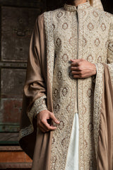 Beige Brown Embroidered Raw Silk Sherwani (3-Piece) - Image 3