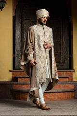 Beige Brown Embroidered Raw Silk Sherwani (3-Piece) - Image 4