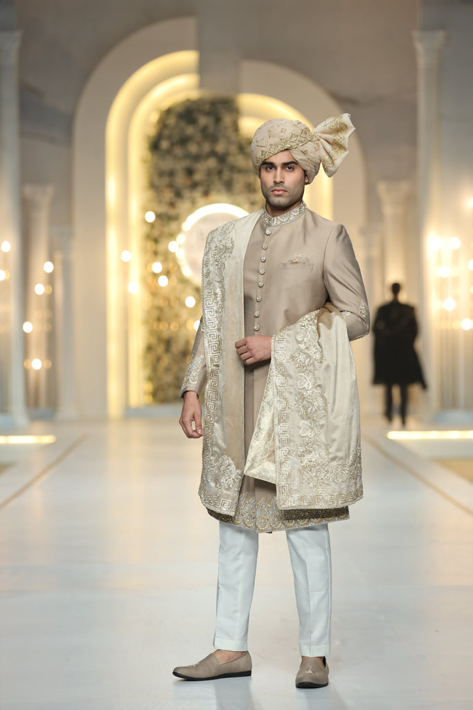 Beige Gold & Silver Embroidered Raw Silk Sherwani (3-Piece) - Image 1