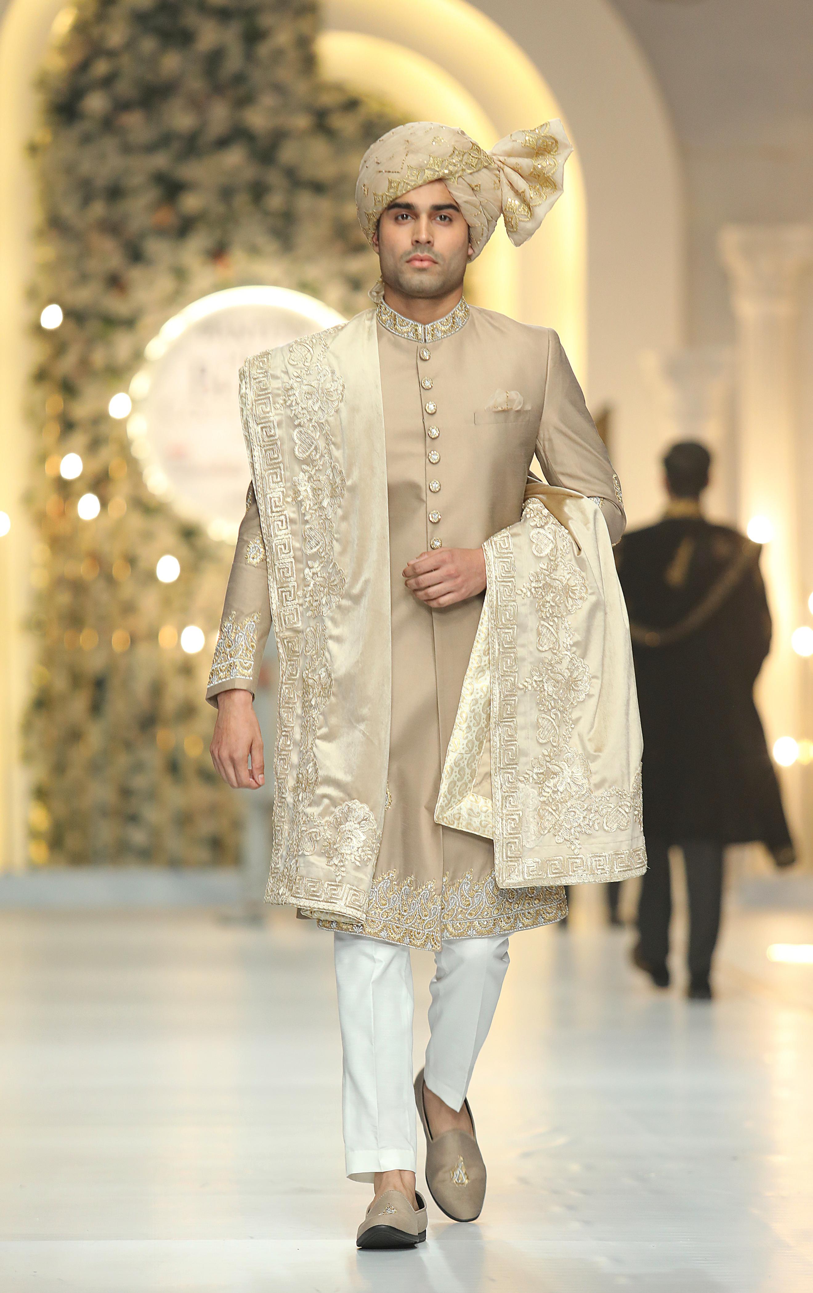 Beige Gold & Silver Embroidered Raw Silk Sherwani (3-Piece) - Image 3