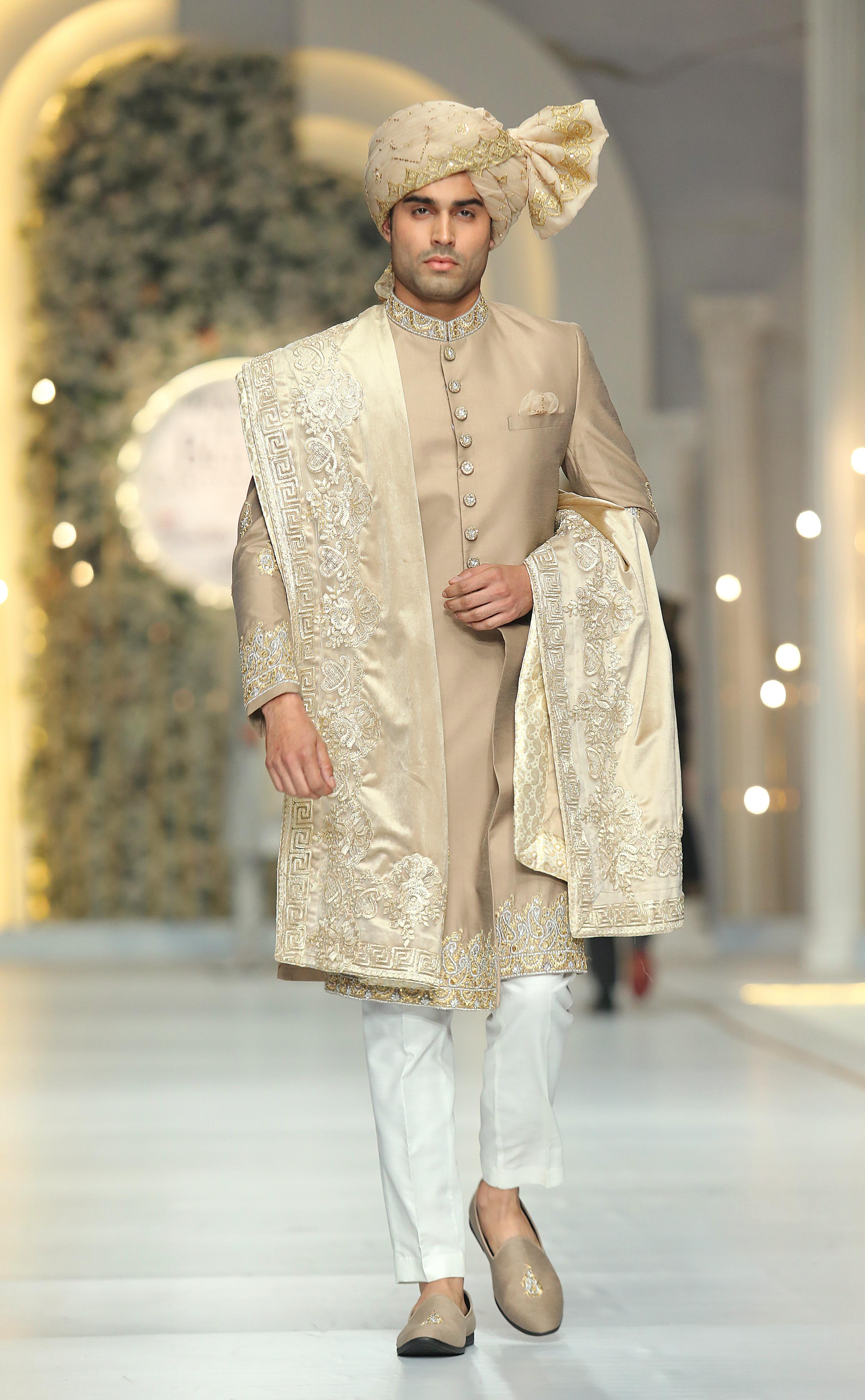 Beige Gold & Silver Embroidered Raw Silk Sherwani (3-Piece) - Image 4