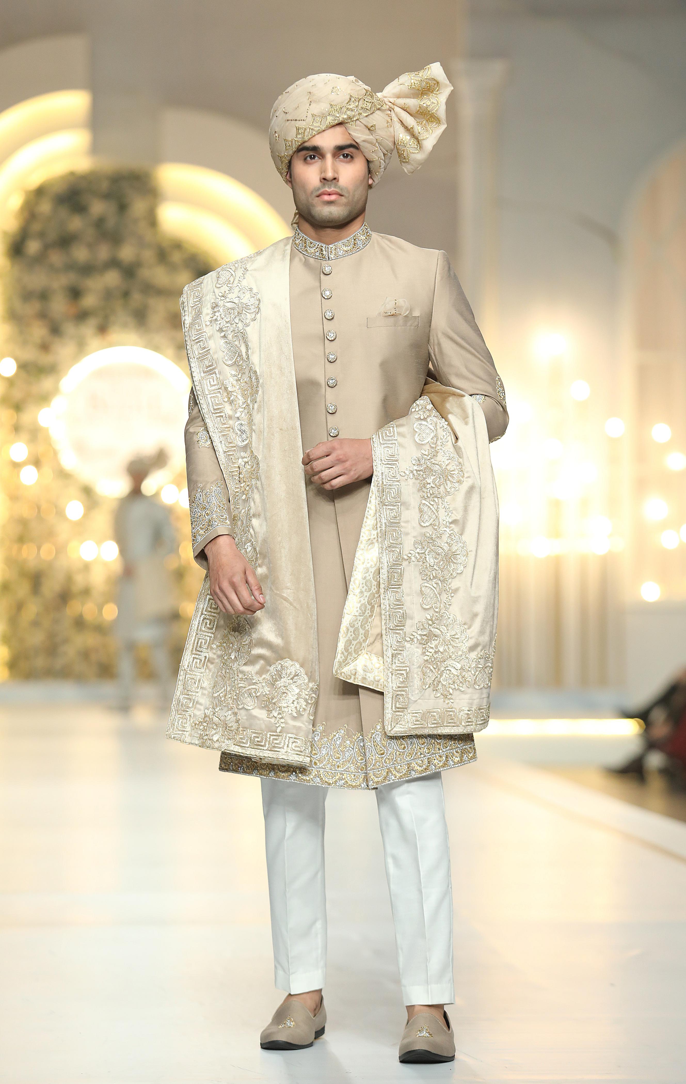 Beige Gold & Silver Embroidered Raw Silk Sherwani (3-Piece) - Image 5