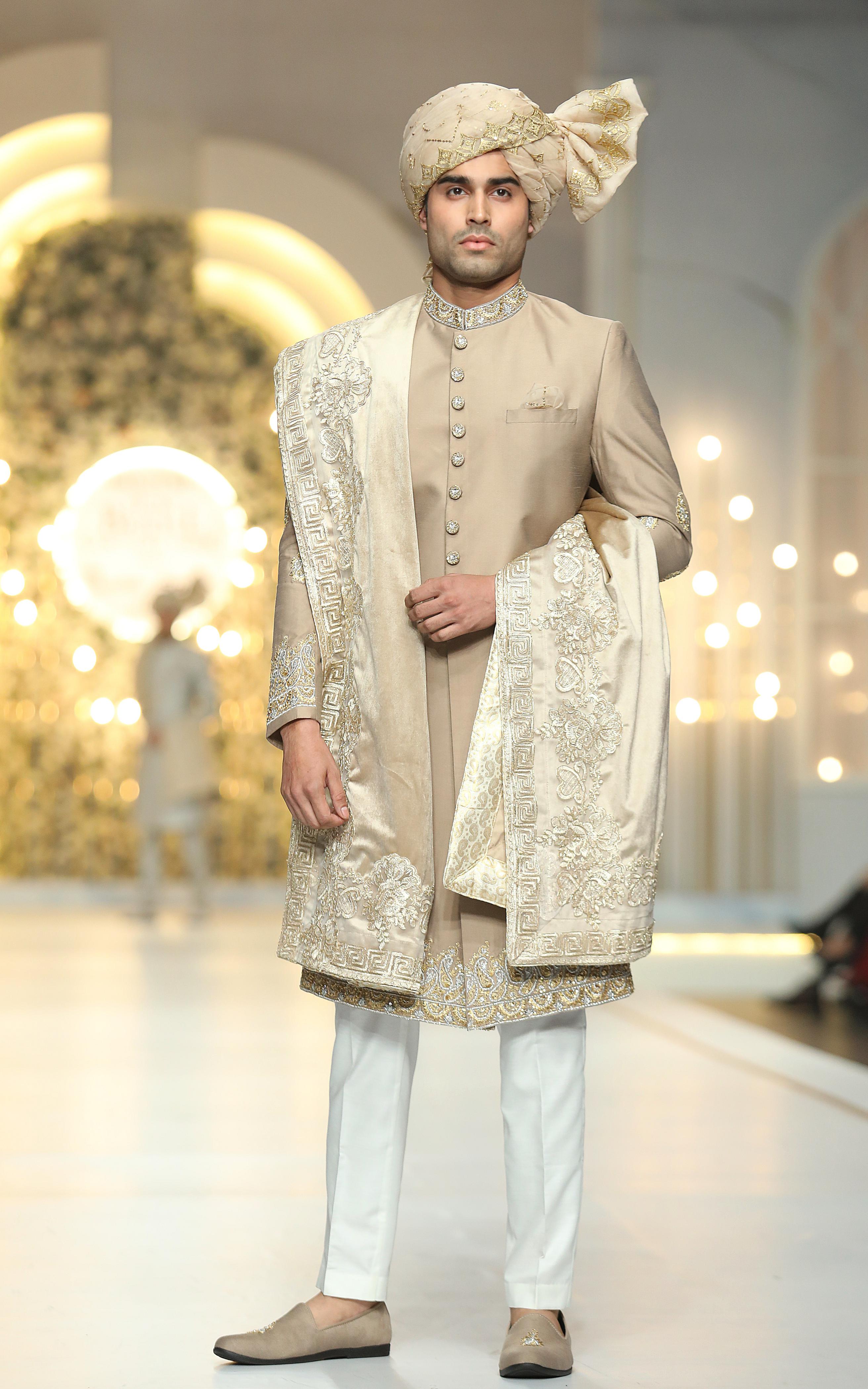 Beige Gold & Silver Embroidered Raw Silk Sherwani (3-Piece) - Image 6