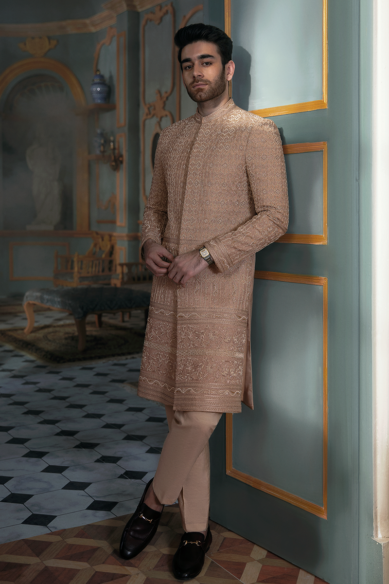 Beige Hand-Embroidered Raw Silk Sherwani (3-Piece) - Image 1