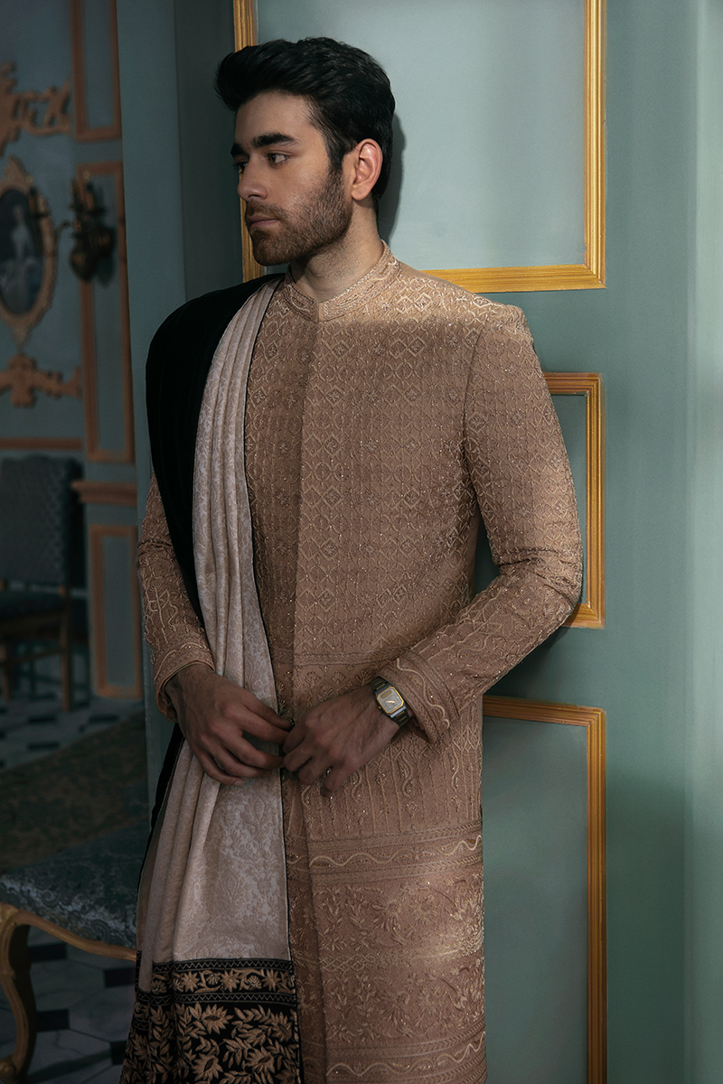 Beige Hand-Embroidered Raw Silk Sherwani (3-Piece) - Image 3