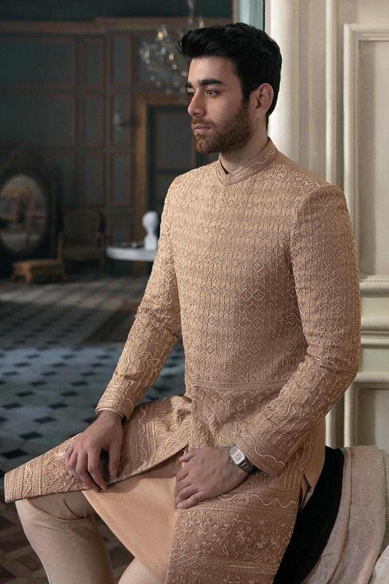 Beige Hand-Embroidered Raw Silk Sherwani (3-Piece) - Image 4