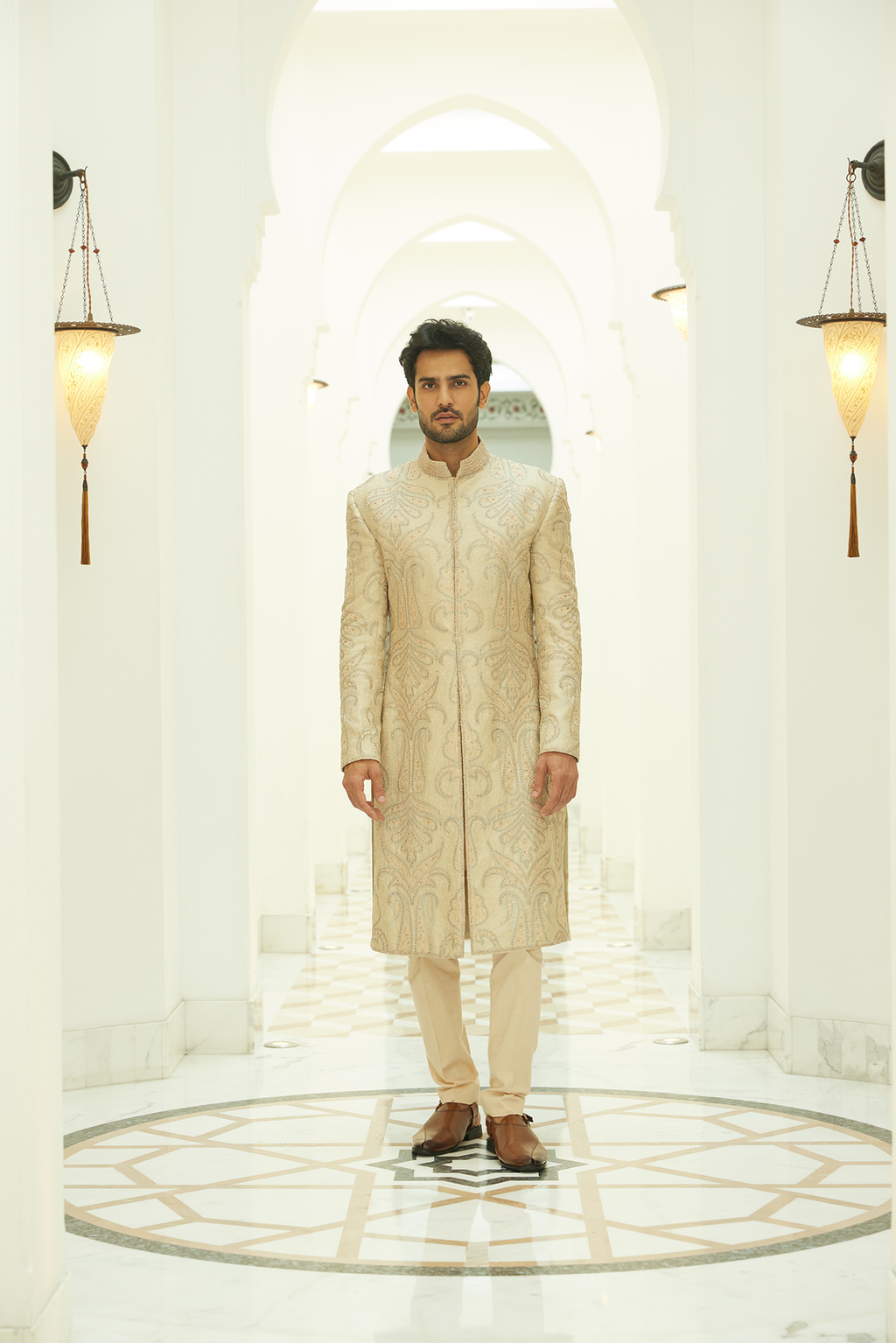 Beige Resham Embroidered Raw Silk Sherwani (2-Piece) - Image 1
