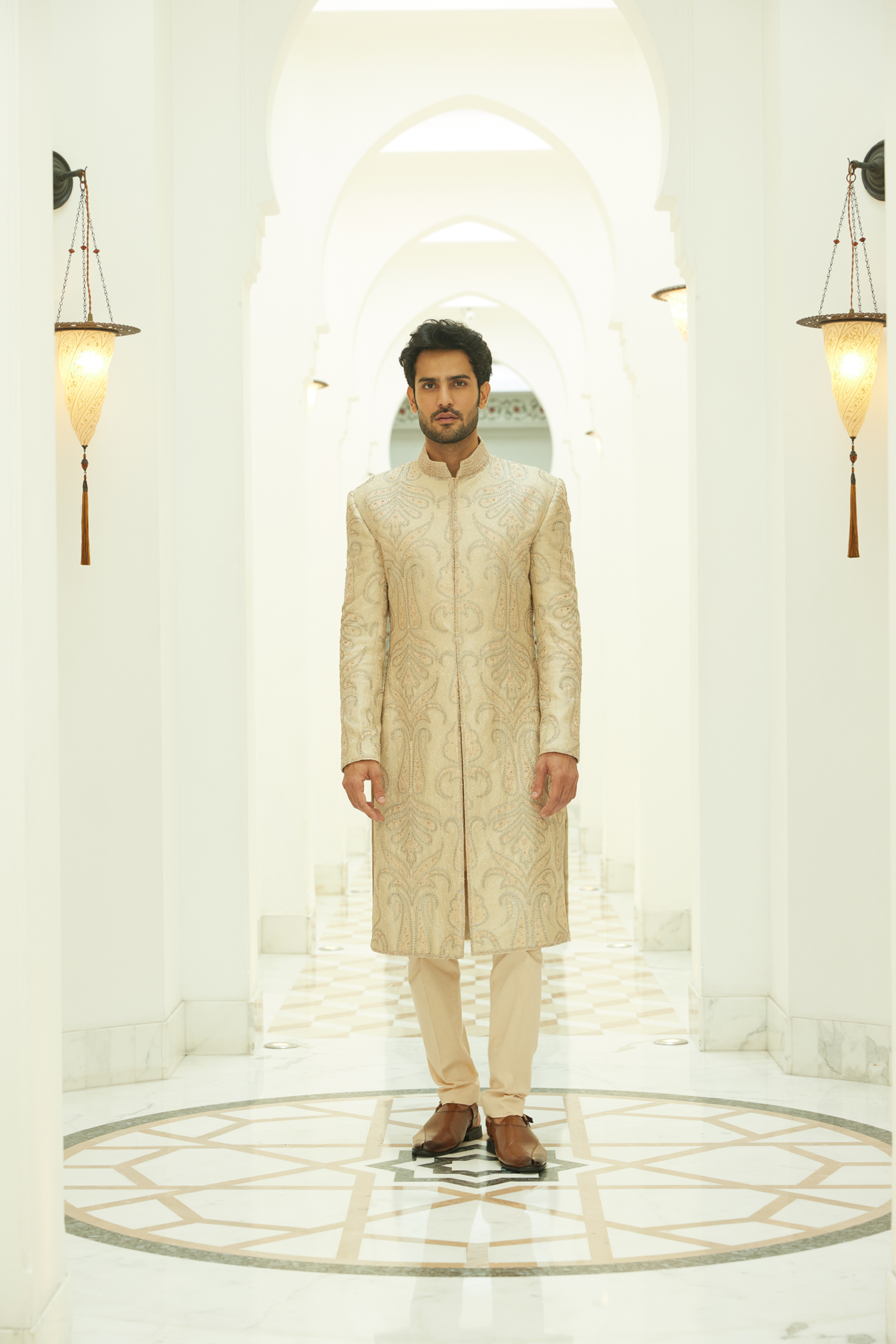 Beige Resham Embroidered Raw Silk Sherwani (2-Piece) - Image 2