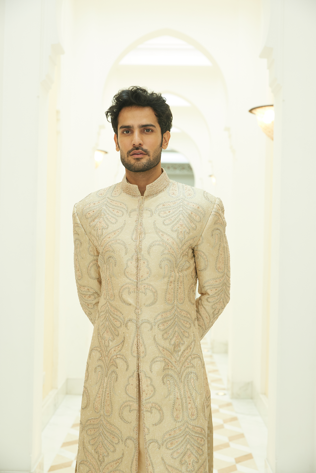 Beige Resham Embroidered Raw Silk Sherwani (2-Piece) - Image 3