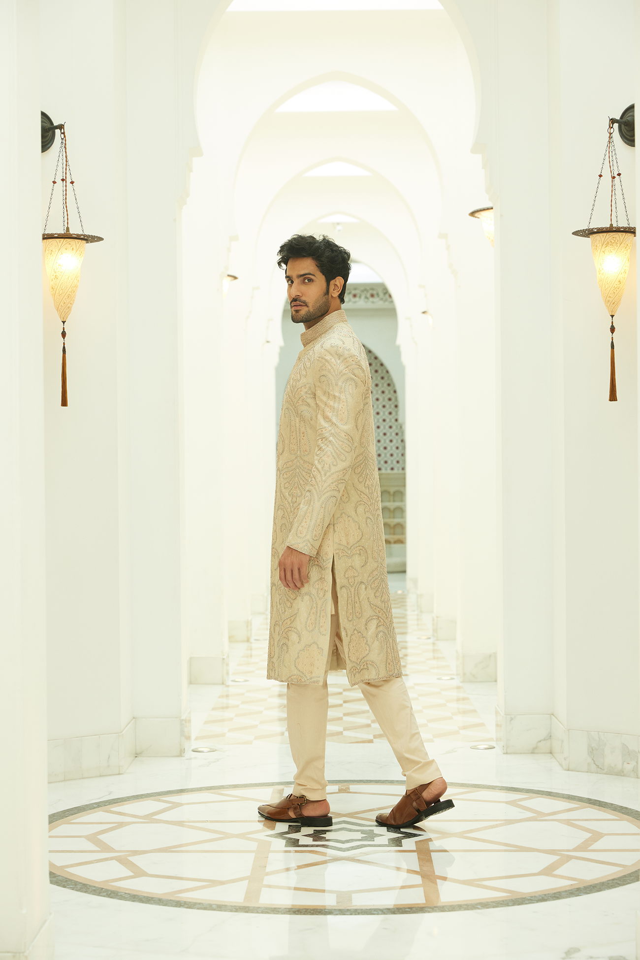 Beige Resham Embroidered Raw Silk Sherwani (2-Piece) - Image 4