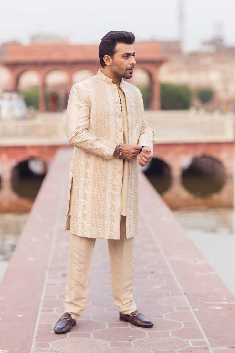 Beige Embroidered Raw Silk Groom Sherwani (3-Piece) - Image 1