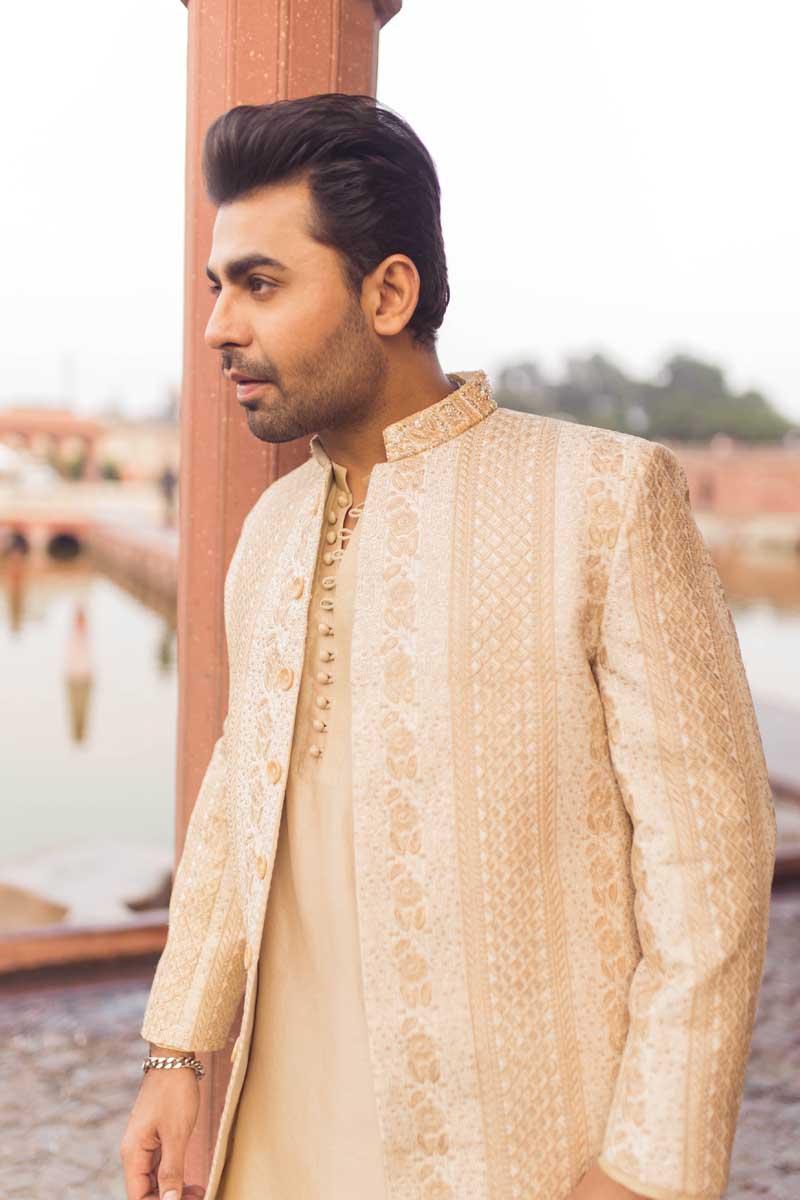 Beige Embroidered Raw Silk Groom Sherwani (3-Piece) - Image 5