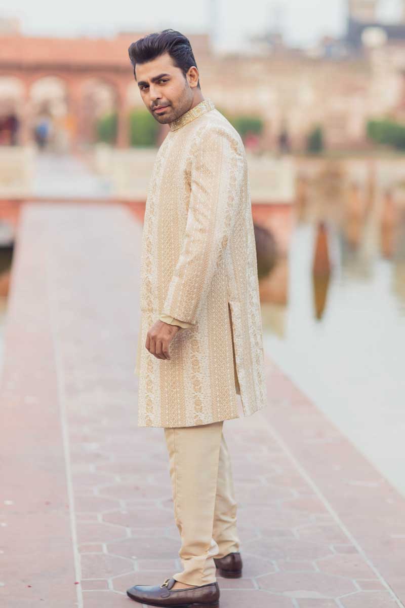 Beige Embroidered Raw Silk Groom Sherwani (3-Piece) - Image 6