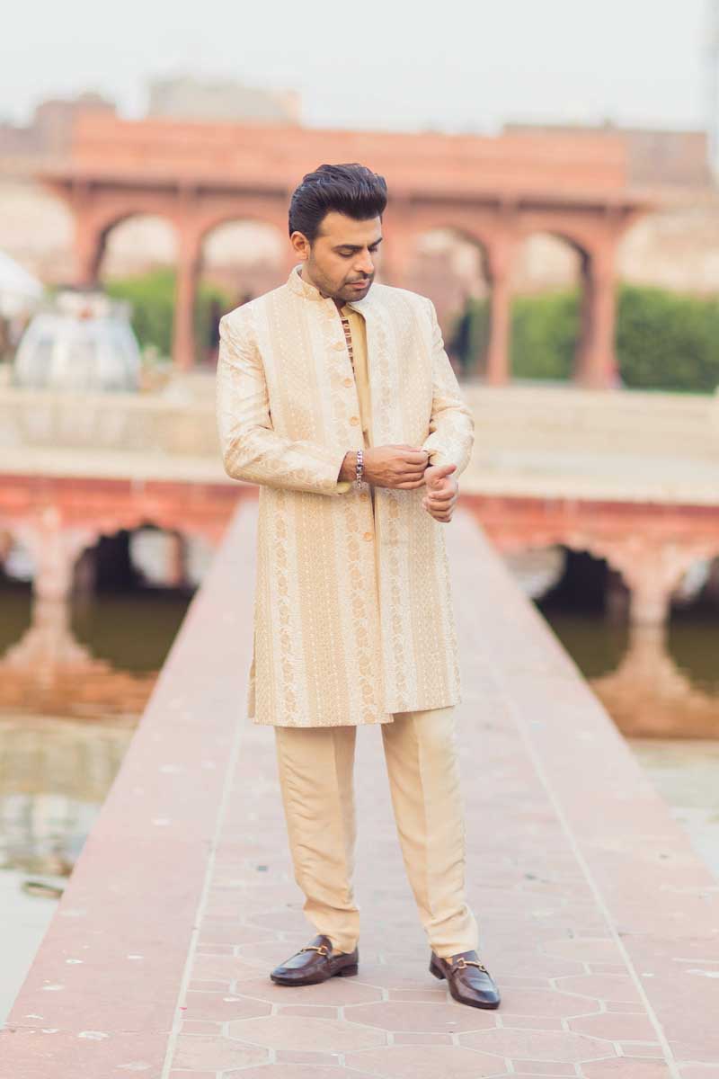 Beige Embroidered Raw Silk Groom Sherwani (3-Piece) - Image 7