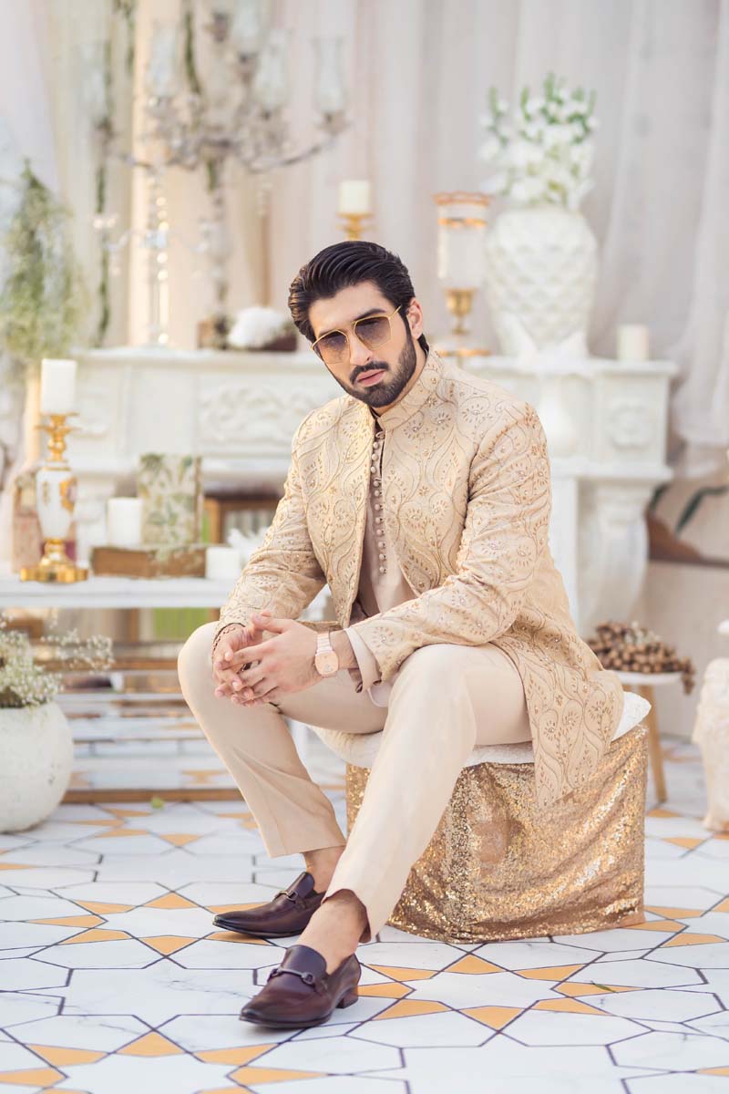 Beige Embroidered Raw Silk Sherwani (3-Piece) - Image 1