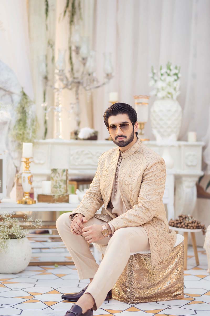 Beige Embroidered Raw Silk Sherwani (3-Piece) - Image 2