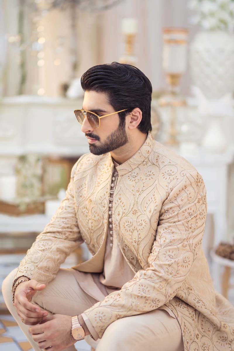 Beige Embroidered Raw Silk Sherwani (3-Piece) - Image 6