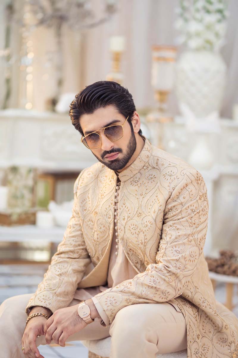 Beige Embroidered Raw Silk Sherwani (3-Piece) - Image 7