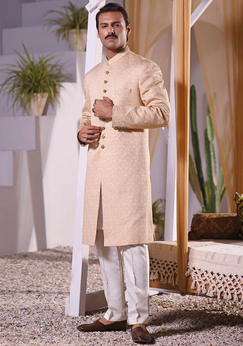 Beige Embroidered Satin Groom Sherwani (3-Piece) - Image 1