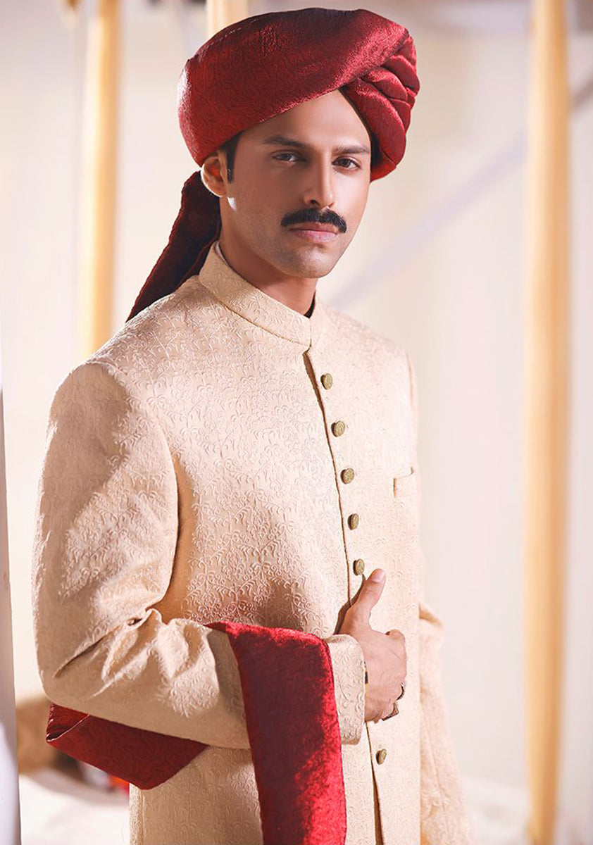 Beige Embroidered Satin Groom Sherwani (3-Piece) - Image 2