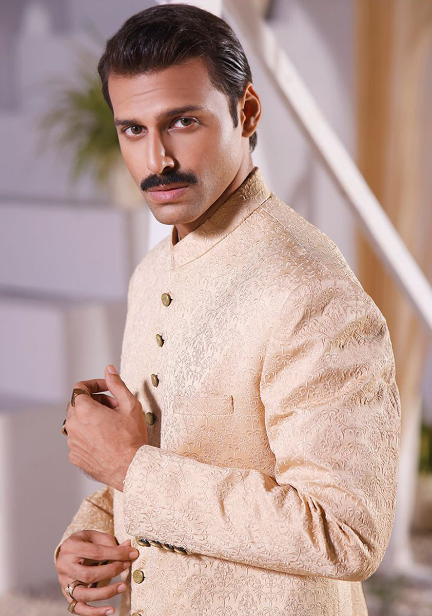 Beige Embroidered Satin Groom Sherwani (3-Piece) - Image 3