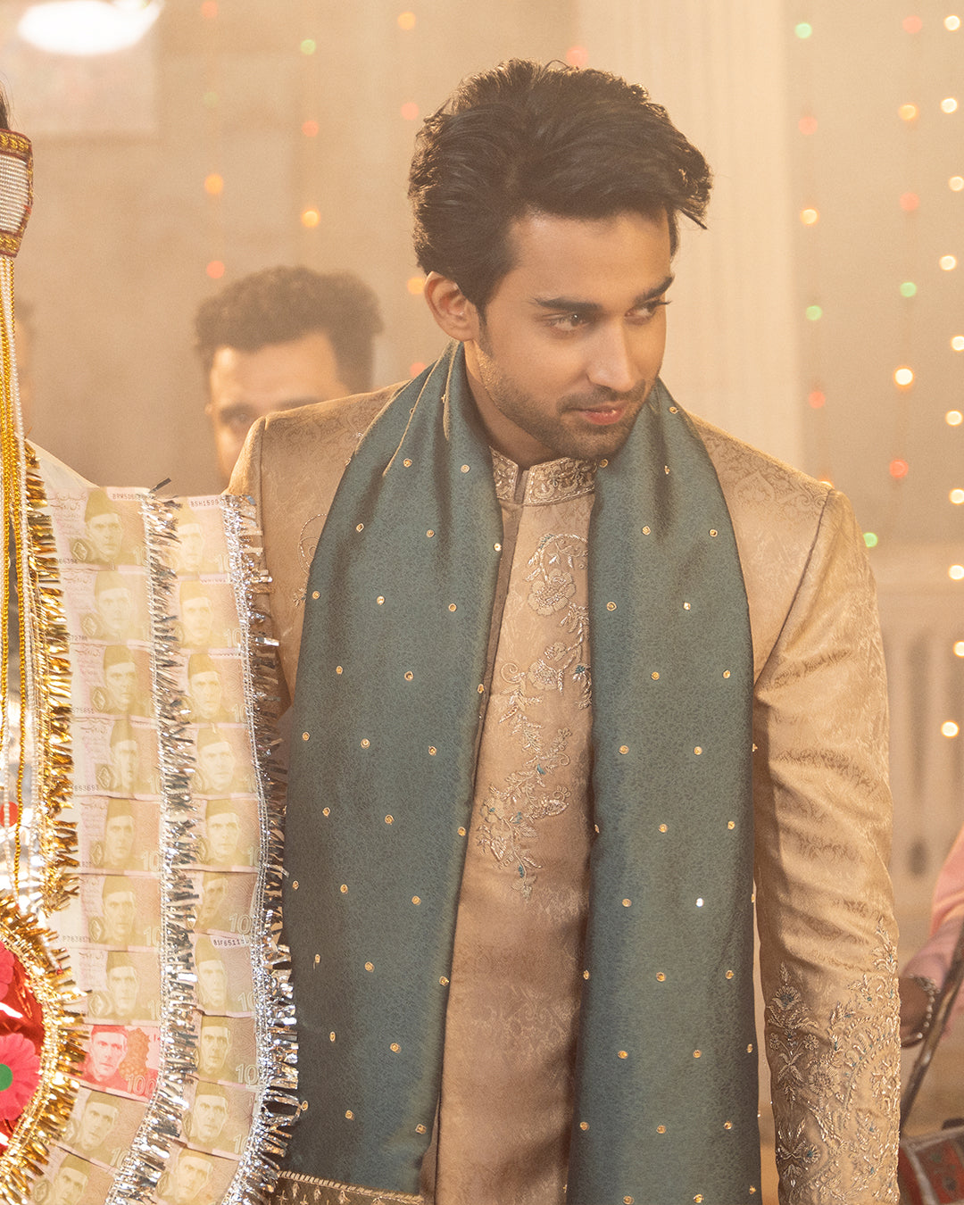 Beige Embroidered Self-Jamawar Sherwani (3-Piece) - Image 3