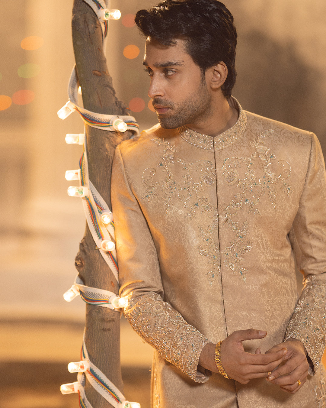 Beige Embroidered Self-Jamawar Sherwani (3-Piece) - Image 4