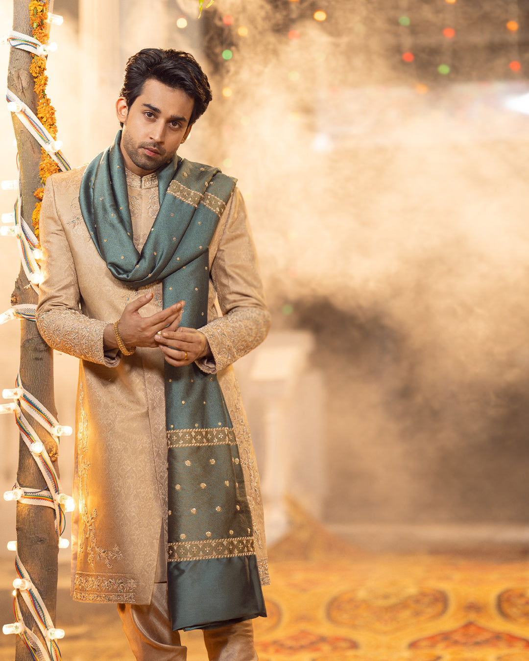 Beige Embroidered Self Jamawar Sherwani (3-Piece) - Image 1