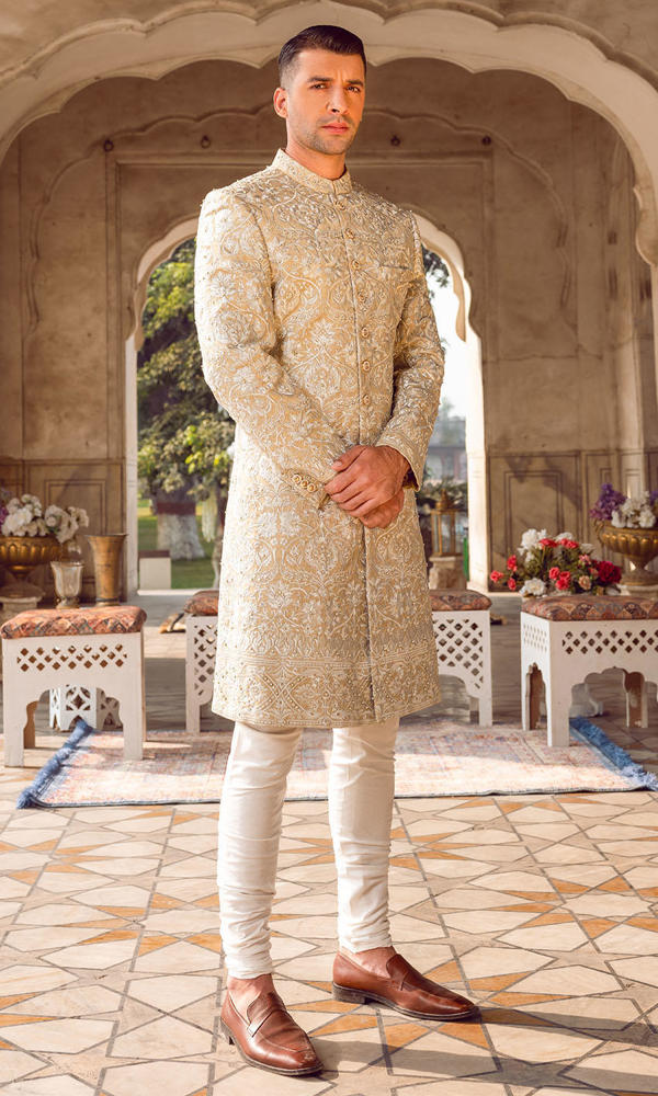 Fawn Embroidered Silk-Blend Groom Sherwani (2-Piece) - Image 2