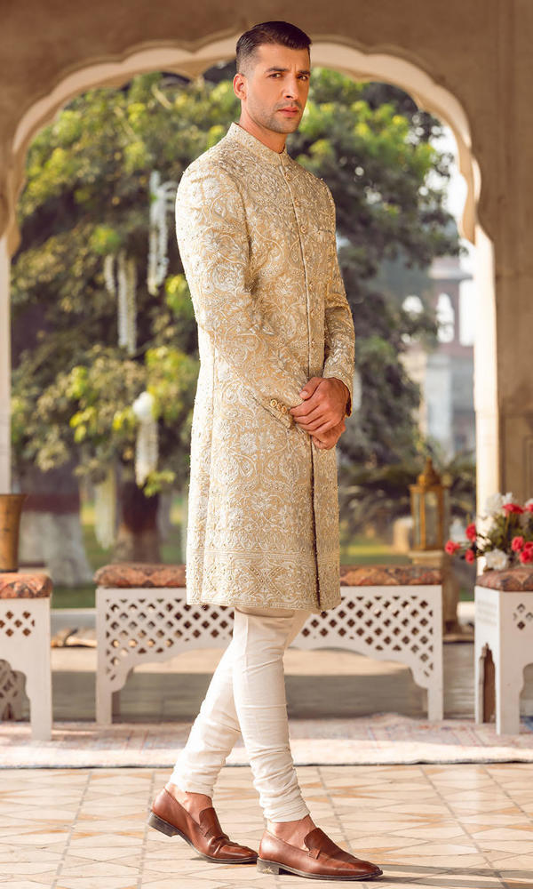 Fawn Embroidered Silk-Blend Groom Sherwani (2-Piece) - Image 3